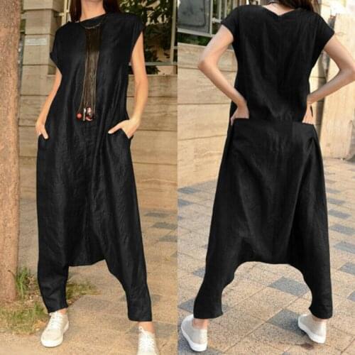 Women Casual Loose Baggy Jumpsuit Silk Black Romper Playsuit Overalls Harem Pants Plus Size