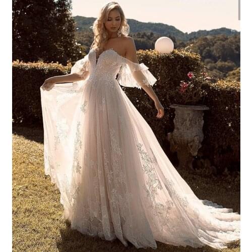 Wedding Dress Boho Bohemian 2021 Sweetheart Floor Length Lace Appliques Bridal Gowns Tulle Robe DE Mariee Sweep Train Unique