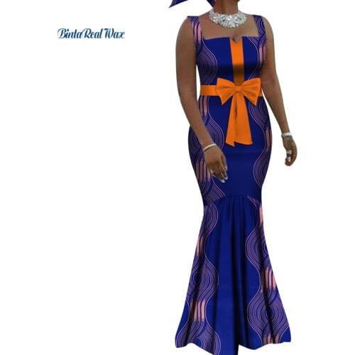 2021 African Print Dresses for Women Strap Bowtie Long Dresses Vestidos Bazin Riche African Ankara Dress Clothing WY3738