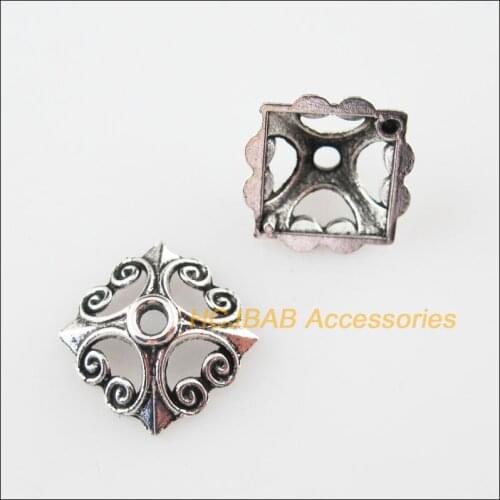 50Pcs Tibetan Silver Color Flower Square Spacer Beads End Caps 12mm
