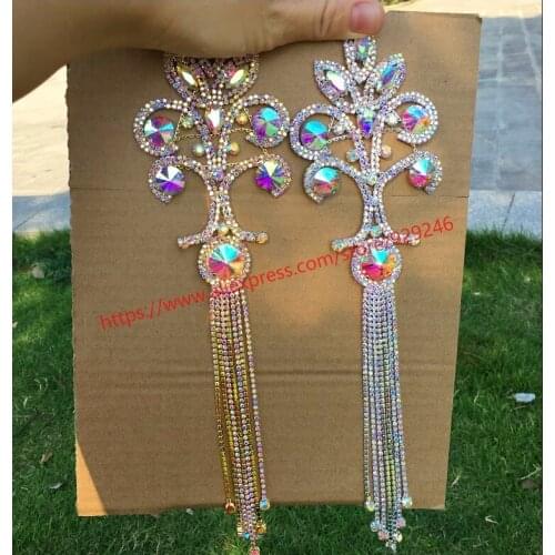 Gorgeous gold AB crystal applique for dancing dress ornaments long tassel strass trims for shoulders garments decoration