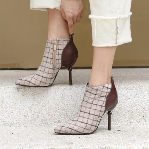 British high heels short boots fashion Plaid pointed thin heels short boots large 44 45 46 47 48