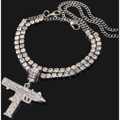 Punk Party Bling UZI Pistol Tennis Chain Anklets Bracelet Jewelry For Women Multilayered Rhinestone Gun Pendant Anklet on Leg