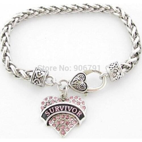 Survivor Breast Cancer Pink Ribbon Crystal Heart Silver Bracelet Jewelry with Lobster Claw Fashion
