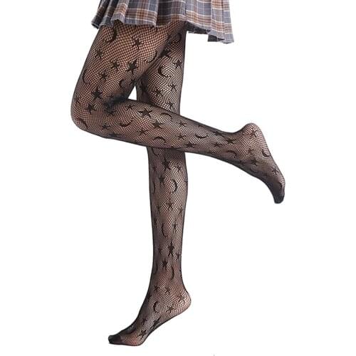 Punk hot girl black pantyhose star moon pattern fishnet socks women pantyhose star moon fishnet stockings