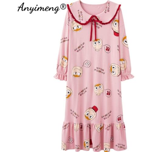 Long Dressing 2021 Autumn Winter New Arrival Pink Hearts Printing Chic Ins Kintted Cotton Sleepwear Big Size Womens Night Gown
