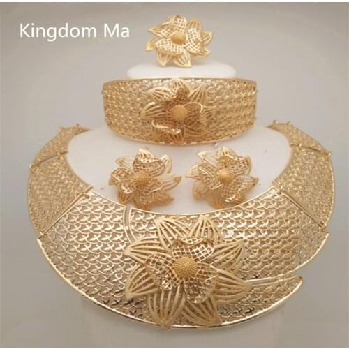 Kingdom Ma Wholesale Fashion Gold Color Nigerian Wedding Bridal African Necklace Bracelet Earrings Rings Sets Jewelry Set