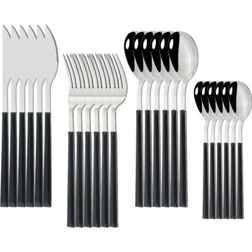 24Pcs Western Dinnerware Set Black Wood Handle Stainless Steel Steak Table Knife Fork Dessert Spoon Fork Flatware Cutlery Sets