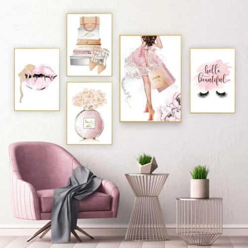 Wall Posters Home Decoration Pictures on the Canvas Nordic Art Painting Peinture Pink Lips Eyelash Perfume Fashion Mural Prints