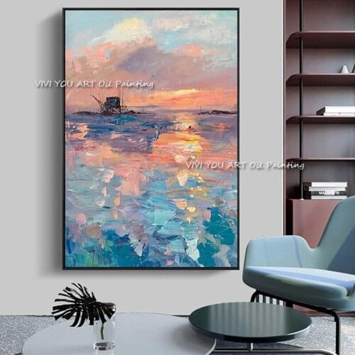 The Seascape Pink Sunrise Sea View Palette Ship Handmade Colorful Oil Paintings On Canvas Wall Art Pictures For Home Decoration