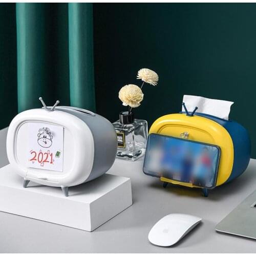Plastic Tissue Box TV Model Simple Cute Home Living Room Decoration Napkin Case Ornament Craft With Mobile Phone Holder