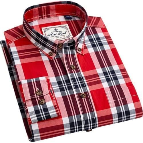 AOLIWEN Men 100% Cotton Red White Black Brushed Plaid Shirt Spring Casual Button Trend Breathable Long Sleeve Slim Fit Shirts