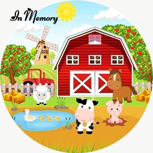 Farm Theme Round Backdrop Cover Animal Tree Red House Girls 1st Birthday Party Backdrop For Photo Studio Custom Circle Photocall