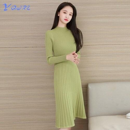 YQJRE Autumn New Products Fashion Office OL Womens Base Slim Long Sleeve Half High Neck Mid-length Knit Dress