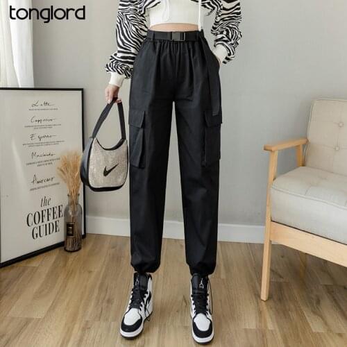 Women Big Pocket Cargo Pants With Belt 2021 Spring Summer High Waist Straight Pant Tie Feet Casual Mujer Pantalon Long Trousers