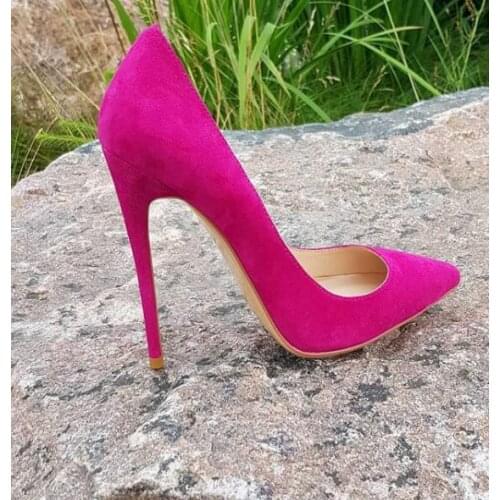 Moraima Snc Sexy Pointed Toe High Heel Shoes Woman Rose Pink Suede Shallow Stiletto Heels 12CM Super High Party Dress Shoes