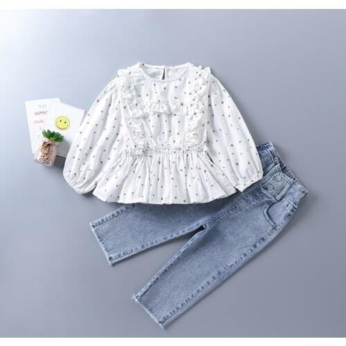 2-7 years high quality girl clothing set 2020 new autumn fashion orange white polka dot shirt + denim pant kid children clothing