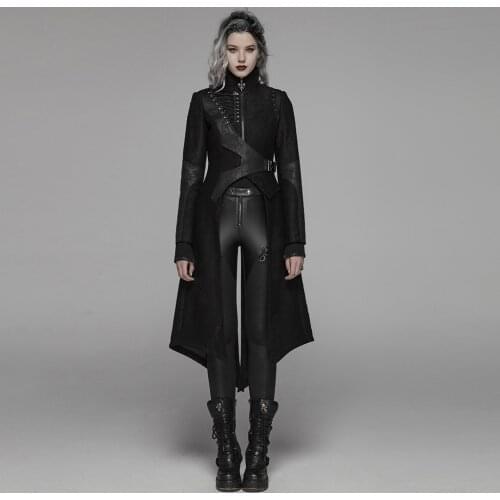 PUNKRAVE Womens Punk Long Jacket Woolen Knitted Fabric Asymmetric Design Adjustable Party Stage Performance Women Winter Coat