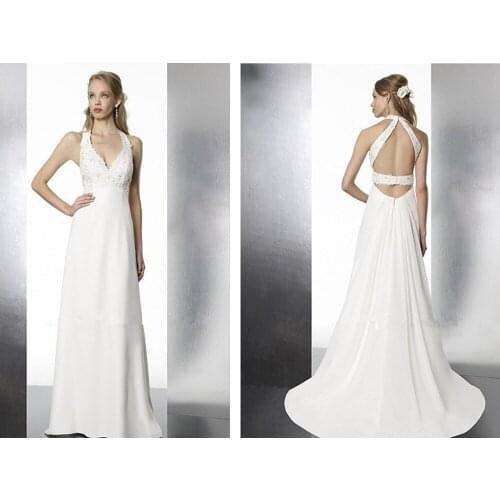 Summer vestido de noiva A-line beading lace appliques bridal gown 2018 hot sexy backless white chiffon v-neck bridesmaid dresses