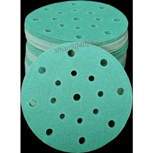 50Pcs 6 Inch 150mm 17 Holes Round Sandpaper Grits 60 ~ 600 Hook and Loop Polyester Film Green Sandpaper Sanding Disc