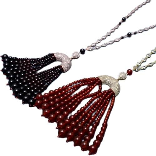 GG Jewelry 21" Natural Round Garnet Red Carnelian Gold Plated CZ micro Pendant Crystal Paves Chain Pendant Necklace For Women