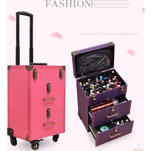 New Nail tattoo Rolling luggage bag girl multi function trolley suitcase Women multi layer high capacity cosmetic case on wheels