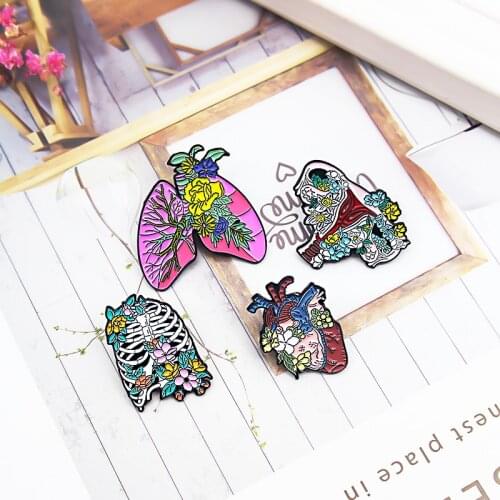 Heart uterus lung sternum Enamel Pin Floral visceral skeleton Brooches Fashion creative Lapel Pin Bag jackets custom Badge