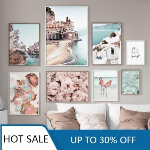 Flamingo Flower Fountain Amalfi Cityscape Wall Art Canvas Painting Posters Print Nordic Wall Decor For Aesthetic Home Decoration