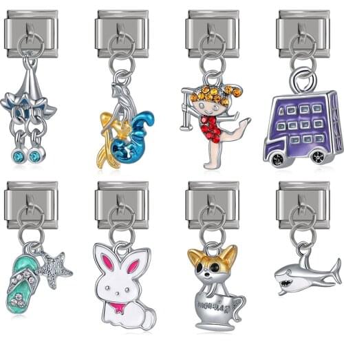 Hapiship Original Daisy Rabbit Bus Dog Mermaid Girl Shark Italian Charm Fit 9mm Bracelet Stainless Steel Jewelry Making DJ100
