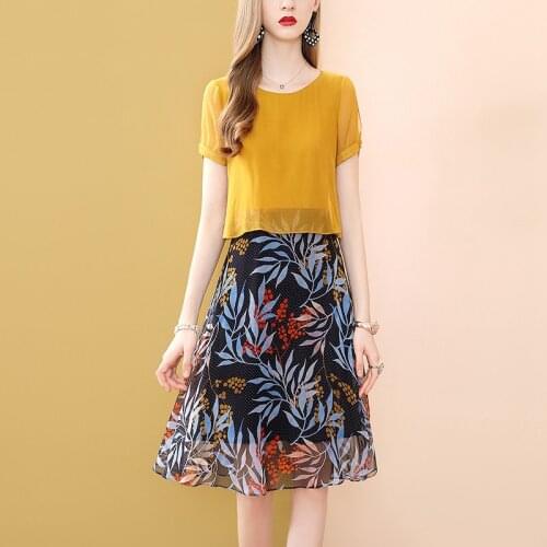 Only Plus Two Piece Suit Summer Women Patchwork Dresses Floral Dress Printed Short Sleeve Midi Dresses For Women