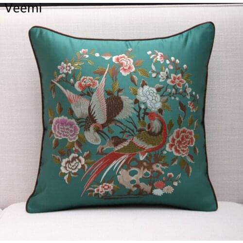 Chinese Style Embroidery Birds and Flowers Cushion Cover Peony Plant Pillowcase Decoration for Chair Sofa Waist Pillowcase