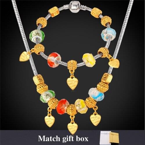 Charms Necklace And Bracelet Sets Gold Color Crystal Glass Bead Snake Chain DIY Jewelry Set For Women NH853