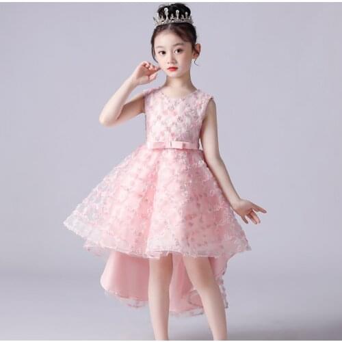New Elegant Lace Sleeveless Princess Girls Dovetail Dress Children Embroideryed Flowers Pink Birthday Party Prom Dresses 3-13 Y