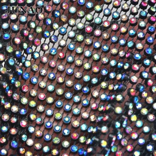 JUNAO 23cmx1Meter Glitter Black AB Glass Crystal Rhinestone Mesh Tirm Crystal Fabric Applique Strass Ribbon Sexy Dress Crafts
