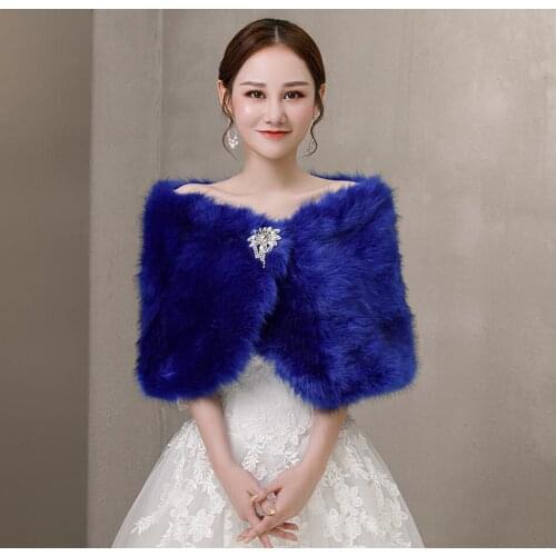 SHAMAI Blue Faux Fur Crystal Brooch Wedding Wrap Bridal Cape Bridal Wrap Shrug Stole Cape Women wedding Party Shawl