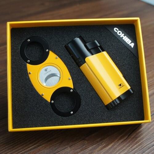 Cigar Lighter Cutter Windproof Torch Jet Flame Gas Mini Lighter Accessories set Butane Metal with Punch Gift Box
