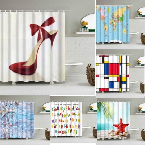 Waterproof Conch Starfish Blue Sea Beach Printing Bathroom Shower Curtains English Letter Bath Screen Door Curtain With Hooks