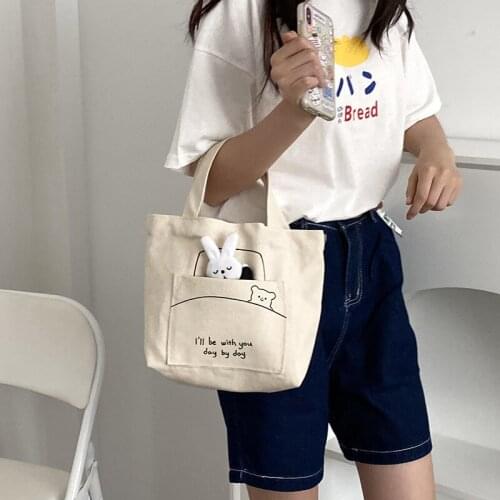 Women Small Canvas Handbag Cute Cartoon Print Mini Cotton Tote Bunny Plush Ladies Phone Cosmetic Bag Eco Cloth Purse For Girls