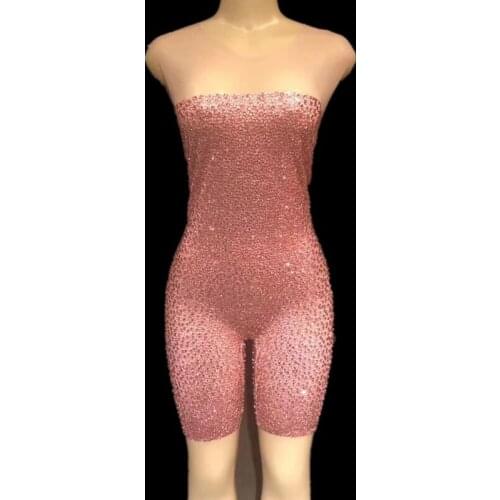 Women Full Pink Crystals Strapless Tight Fitting Dance Performance Clothes Womens Classical Skinny Nightclub Style DJ Costumes