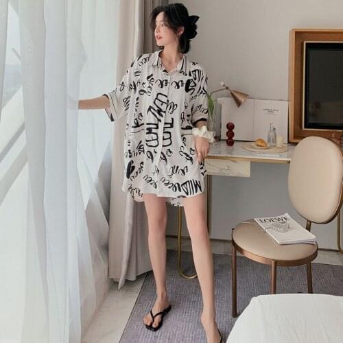 Women Spring Autumn Sleepshirts Casual Letter Print Faux Silk Home Clothes With Pocket Sleepwear Simplicity Nightwear