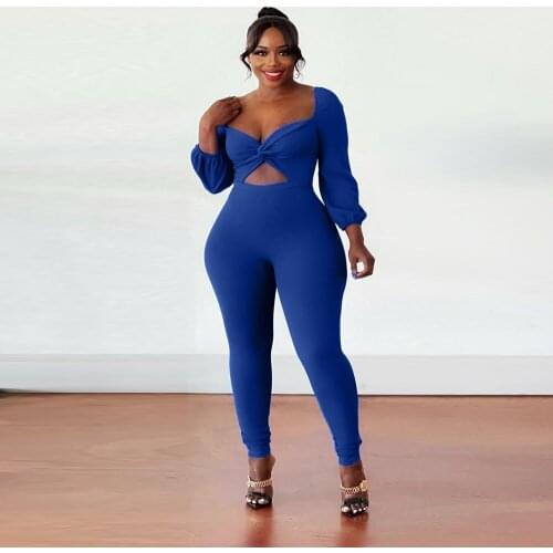 Zoctuo Blue Rompers And Jumpsuits For Women Hollow Out V Neck Sexy Club Jumpsuit Long Sleeve Autumn One Piece Overall Backless