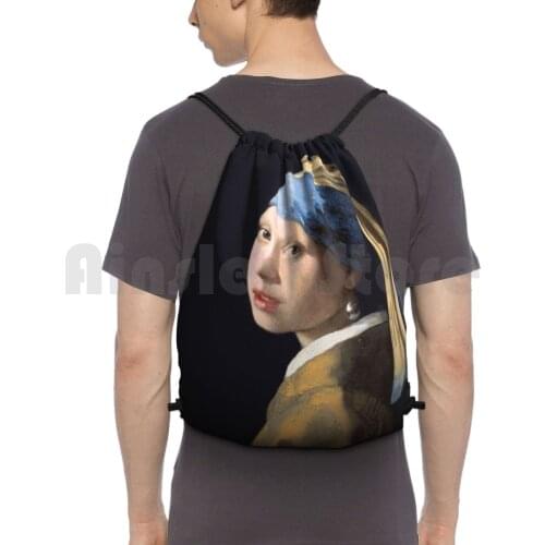 Girl With A Pearl Earring Backpack Drawstring Bag Riding Climbing Gym Bag Vermeer Fine Art Vintage Fashion Earring Womens