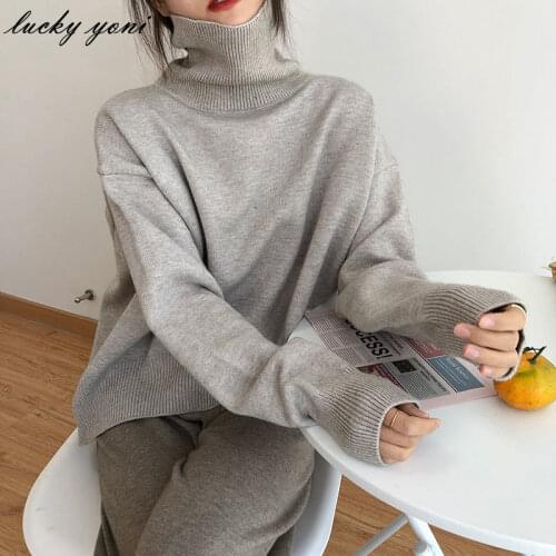 Hirsionsan 2021 Autumn Winter New Solid Oversized Loose Knitted Sweater Female Vintage Turtleneck Elasticity Casual Jumper Women