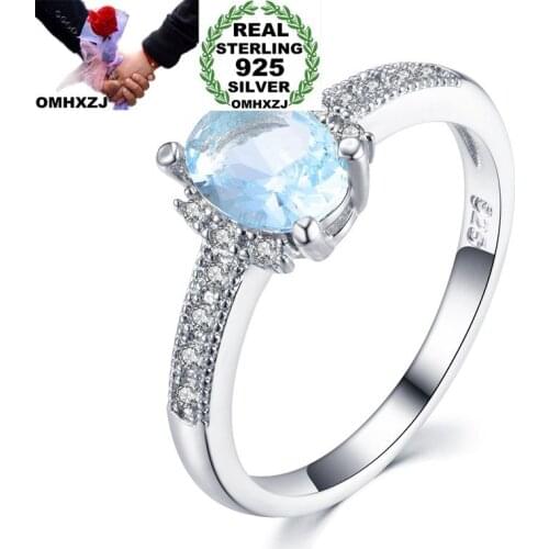 OMHXZJ Wholesale European Fashion Woman Girl Party Wedding Gift Silver Oval Light Blue AAA Zircon 925 Sterling Silver Ring RR168