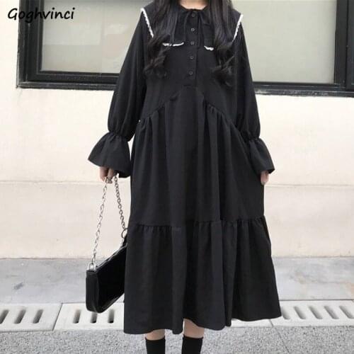 Long Sleeve Dress Women Pleated Peter Pan Collar Leisure Black Dresses Students Preppy Style Loose Korean Streetwear Fashion Ins