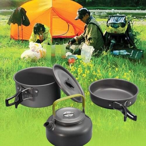 2021Ultra-light Aluminum Alloy Camping Cookware Utensils Outdoor Cooking Teapot Picnic Tableware Kettle Pot Frying Pan 3pcs/Set