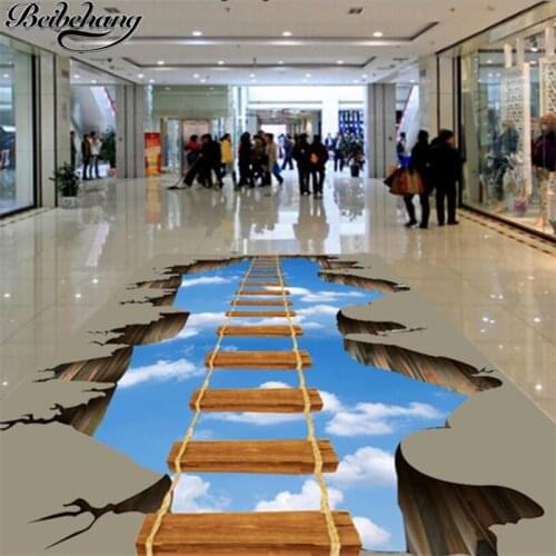 Beibehang Custom floor painting 3d three-dimensional drawing walkway hall living room sky wooden bridge 3D flooring wallpapers