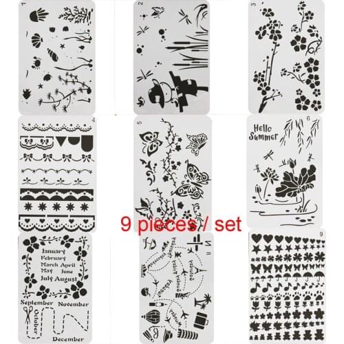 9pcs Stencil Bullet Journal Openwork Flowers Scrapbook Coloring Embossing Album Decorative Paper Card Painting Template Reusable