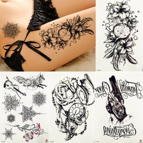 FANRUI Morning Glory Totem Dreamcatcher Temporary Tattoo Sticker Feather Star Black Tatoo Draw Fake Tatoo Body Art Waist Leg