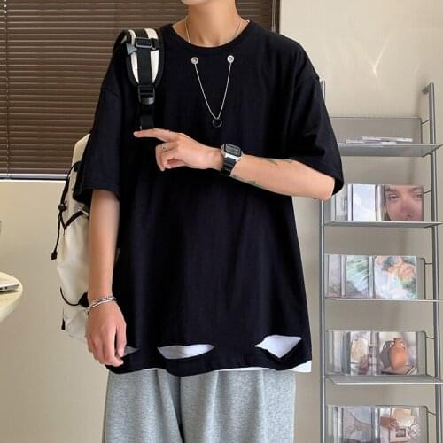 Hong Kong wind hole short-sleeved T-shirt mens summer tide brand ins loose half-sleeved t-shirt 2021 new trend clothes